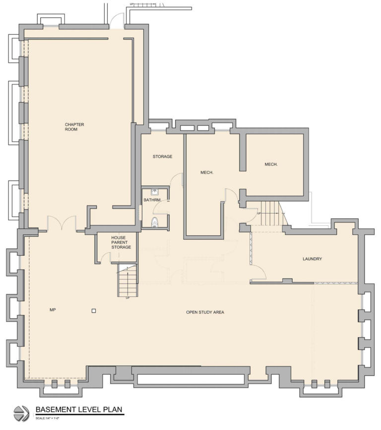 Renovation drawings- basement level plan of house. Preservation. Community.