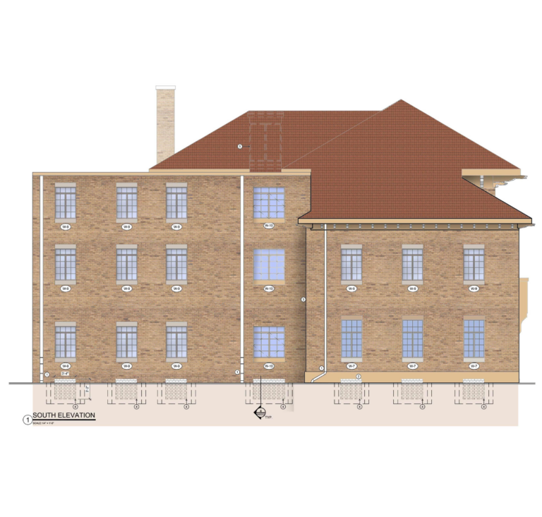 Renovation drawings- south elevation of house. Preservation. Community.